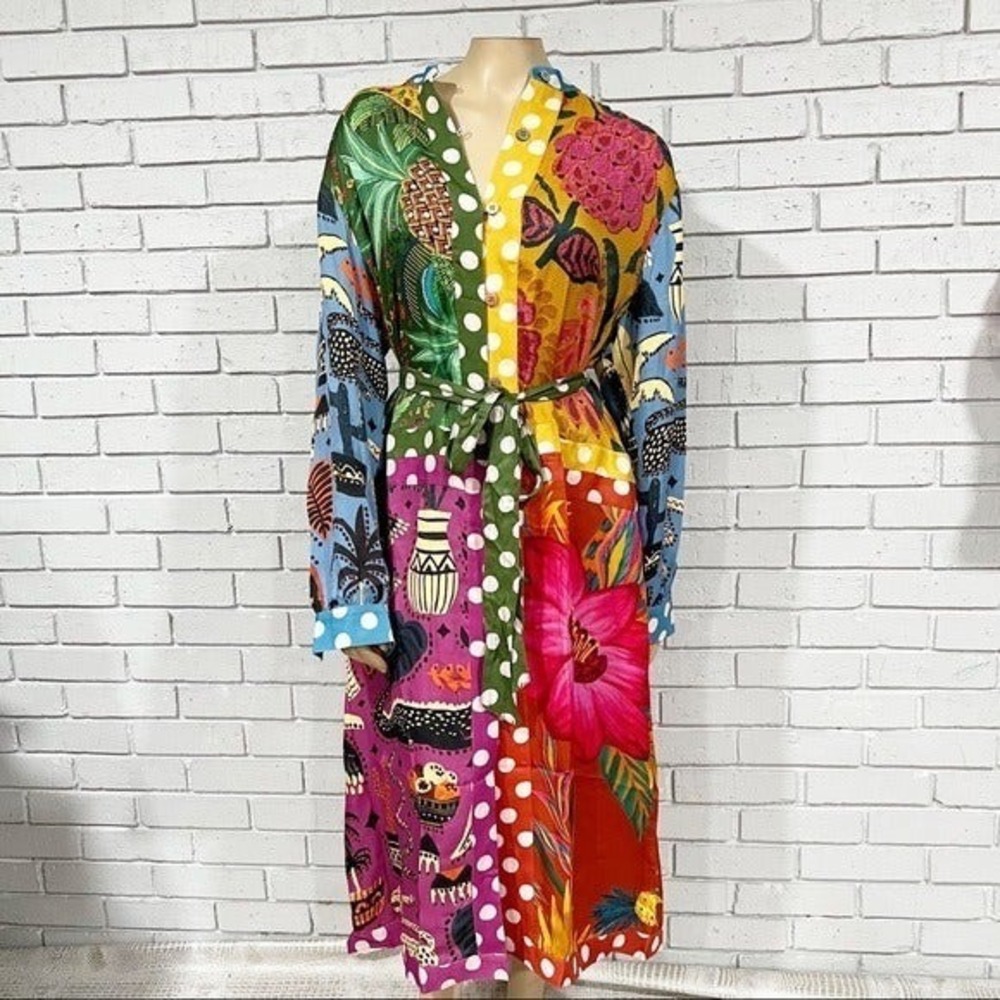Farm Rio Red Earth Rainbow Long Sleeve Shirtdress Boho Excellent Small